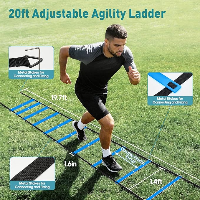 OLIXIS Soccer Agility Training Equipment Set- 20 ft Speed Ladder, 12 Soccer Cones, 4 Agility Hurdles, Jump Rope, Resistance Parachute Speed Training Equipment for Kids, Youth, Adults