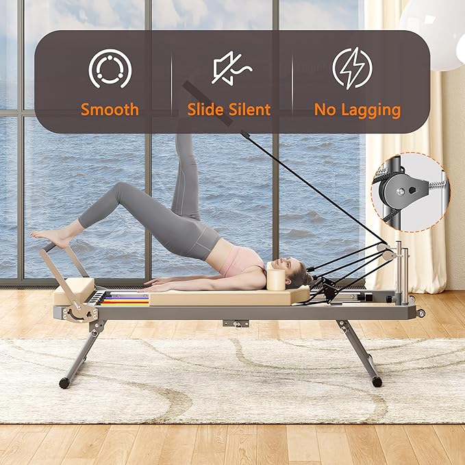 Beige Pilates Reformer, Foldable Pilates Machine for Home Gym Workout, Pilate Equipment with High Strength Alloy Springs for Beginners, Up to 330lbs