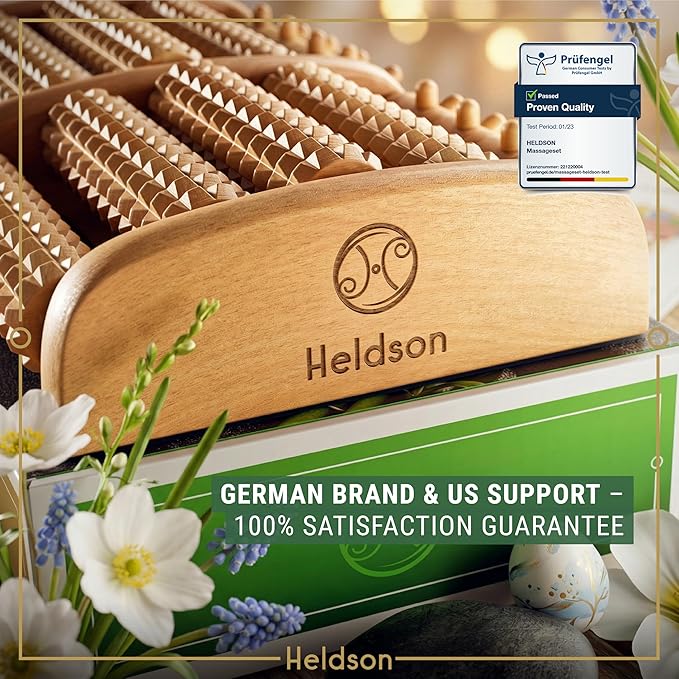HELDSON® Foot Massager Roller Plantar Fasciitis Pain Relief - Wooden Under Desk Feet Massage - Dual Manual Heel Massagers - Wood Rolling Acupressure Tool with Reflexology Guide - Gift for Men, Women