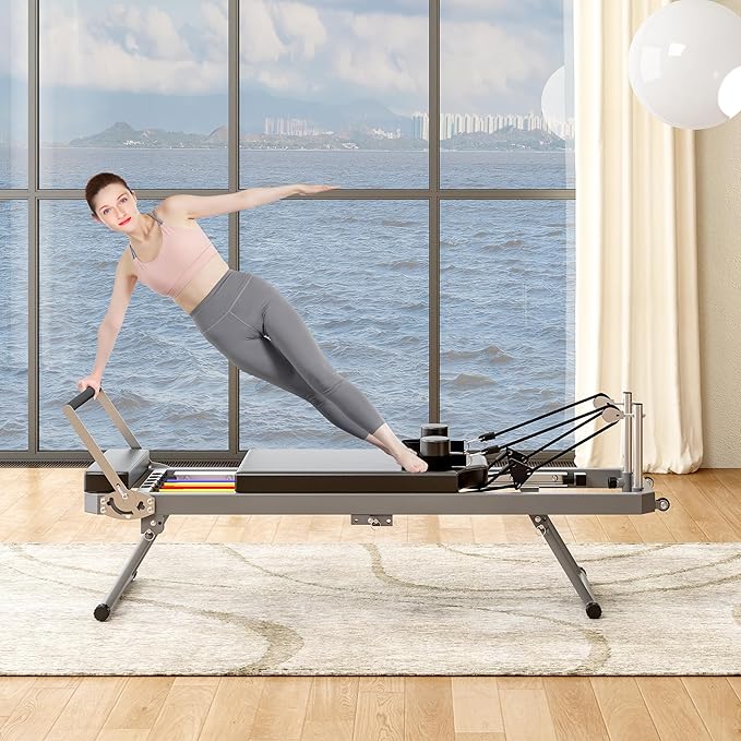 Pilates Reformer Machine for Home Gym, Foldable Pilates Machine Equipment with High Strength Alloy Springs for All Level Users, Up to 330lbs