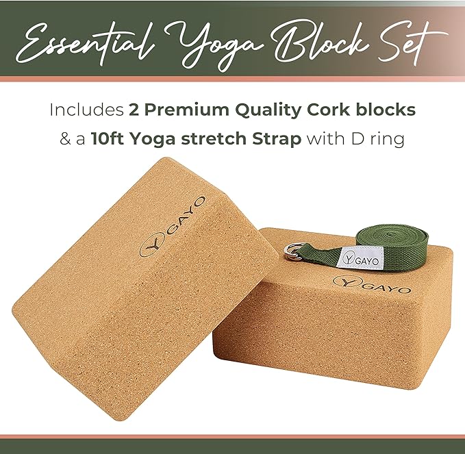 Y O Gayo Premium Cork Yoga Blocks – Durable & Sturdy Natural Cork Yoga Blocks for Stability, Balance, Alignment, Stretching, and Support in Yoga & Pilates