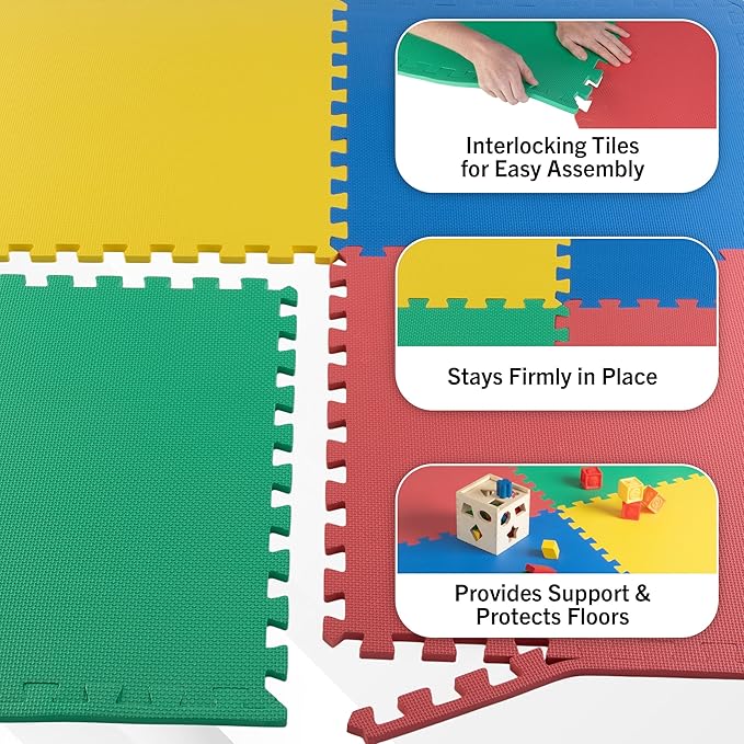 EVA Foam Mat Tiles 4-Pack - 16 SQ FT Interlocking Padding for Playroom or Gym Flooring - Workout Mat or Baby Playmat by Stalwart (Multicolor)