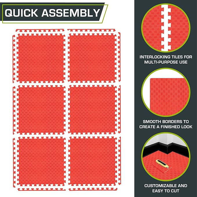 ProsourceFit Exercise Puzzle Mat ½-in, Checkered EVA Foam Floor Tiles w/Non-Slip Texture, Gym Mat w/Interlocking Foam Tiles for Adjustable Surface, Shock Absorbing, Waterproof Gym Flooring, Red