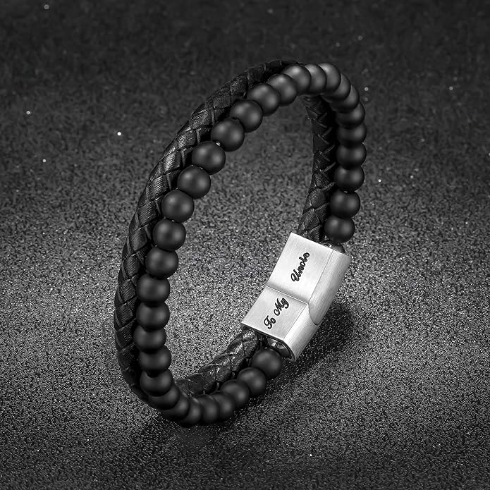 LUXEJEW Gifts for Men - Beaded Leather Bracelet 6mm Matte Agate Stone Bracelets for Men Dad Son Husband Boyfriend Grandpa Grandson Brother Uncle Nephew Adjustable Magnetic Clasp