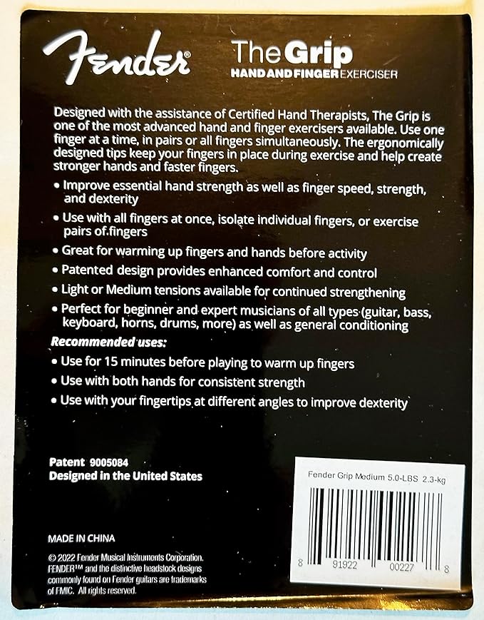 Fender GRIP Hand and Finger Exerciser – Best Ergonomic Finger Strengthener to improve play on all stringed instruments (Guitar, Bass, Violin, etc.) (Tensions: WHITE=5-Lbs; RED=7-Lbs; BLACK=9-Lbs)