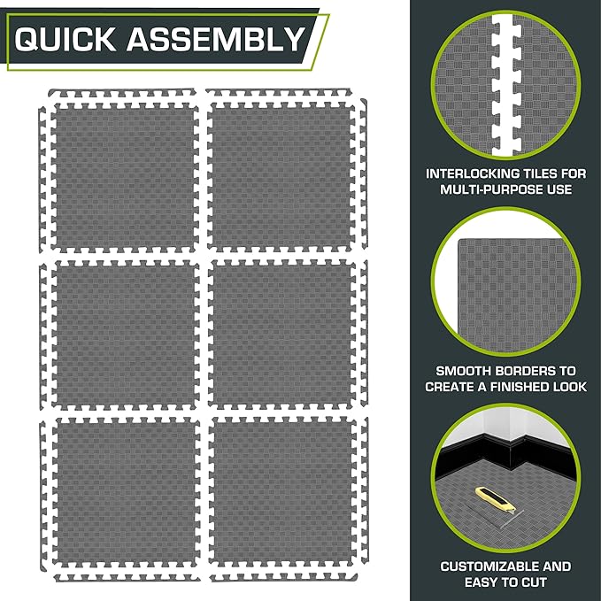 ProsourceFit Exercise Puzzle Mat ½-in, Checkered EVA Foam Floor Tiles w/Non-Slip Texture, Gym Mat w/Interlocking Foam Tiles for Adjustable Surface, Shock Absorbing, Waterproof Gym Flooring, Grey