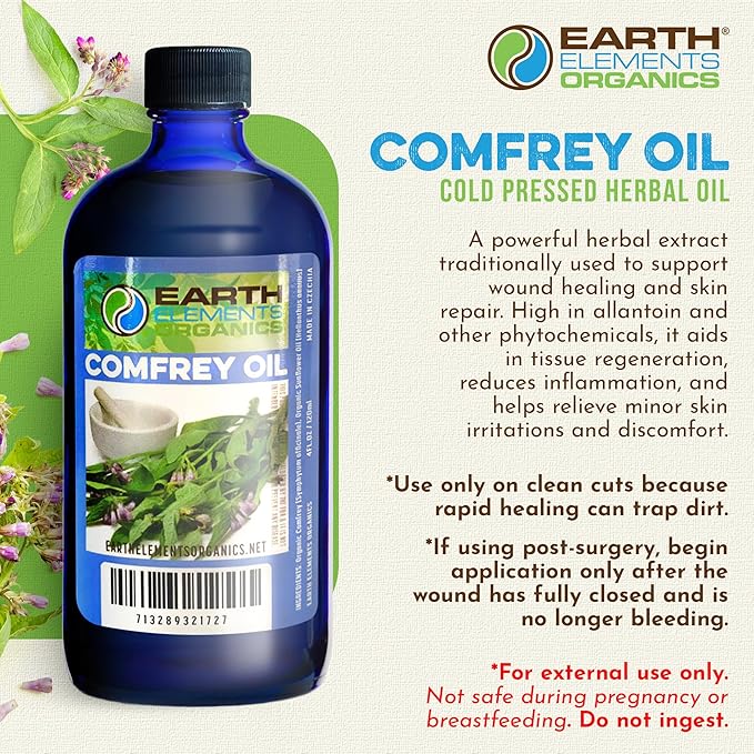 Comfrey Oil Raw with Sunflower Oil, Infused Herbal Body Oil, Sore Muscles, Aches, Organic Skincare for All Skin Types - 4 fl oz