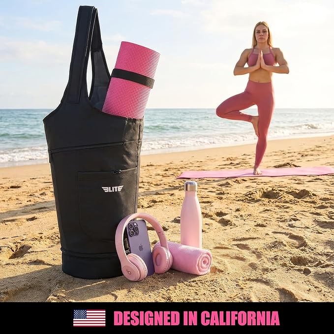 Elite Yoga Mat Bag for Women & Men, Yoga Gym Bag with Wet Pocket, Bottle & Zipper Pockets, Yoga Workout Essentials Carrier Yoga Bag with Mat Straps, Adjustable Shoulder Straps Carry on Sports Bag