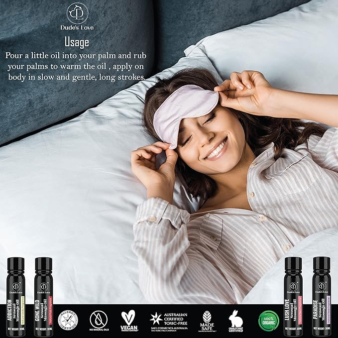 Dude's Love -Organic Safe to Lick Body Massage Oils for Couples – Sensual Massage Oil Gift Set | Romantic Date Night – Non Greasy No-Stain Quick Absorbing Smooth Glide Formula Trial Pack of 4-120 ML
