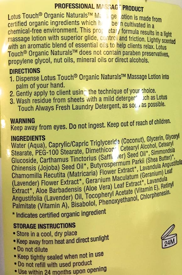 Organic Naturals Massage Lotion by Lotus Touch - 100% Certified Organic Flax Seed, Jojoba, & Olive Oil with Shea Butter - Nourishes Skin Leaving it Silky Smooth - High Glide & Low Friction 1/2 Gallon