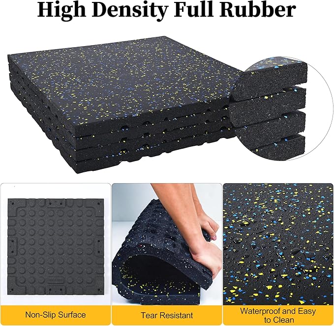 Nisorpa 1" Thick Rubber Exercise Equipment Mats, Anti-Vibration Pads 20" x 20'', Sound Absorbing Mat, Gym Floor Tiles Non-Slip, with 12 Pcs Buckles for Fixing, for Fitness Equipment (4 Pcs)