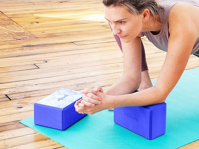 Sol Living Yoga Blocks 2 Pack High Density EVA Foam Yoga Cushion Stretching Pilates Meditation Exercise Equipment Support Deepen Poses Odor Free Non Slip Yoga Accessories - 4" x 6" x 9"- Blue