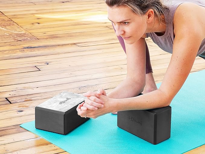 Sol Living Yoga Blocks 2 Pack High Density EVA Foam Yoga Cushion Stretching Pilates Meditation Exercise Equipment Support Deepen Poses Odor Free Non Slip Yoga Accessories - 4" x 6" x 9"- Black