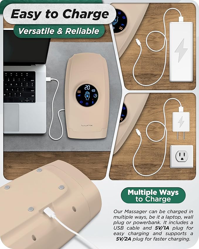 Lunix LX7 LCD Touchscreen Hand Massager, Heated Air Compression, for Arthritis & Carpal Tunnel Relief, Finger Numbness & Wrist Pain Relief, Cordless Rechargeable, Sand Beige