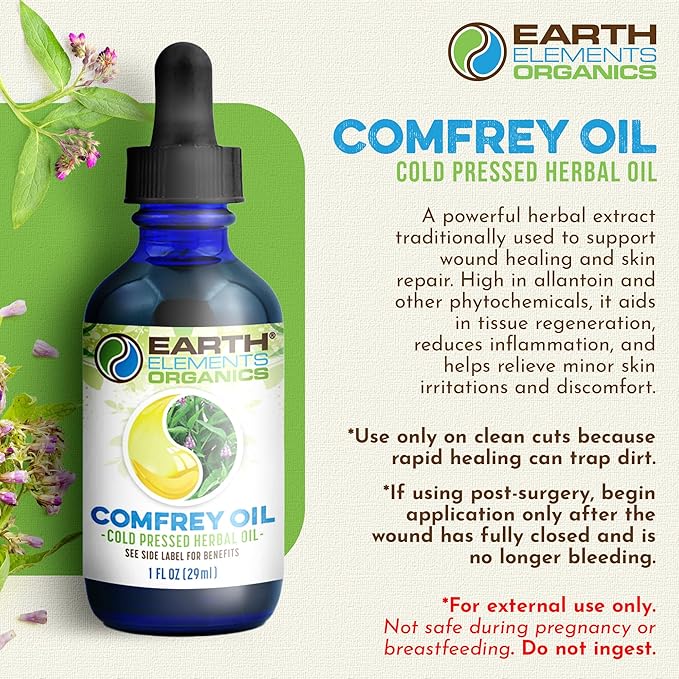 Comfrey Body Oil Raw, Infused Herbal Care, Organic Skincare, Unscented, for All Skin Types - 1 fl oz