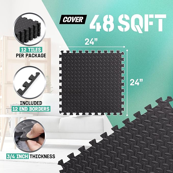 Yes4All 24SQFT-120SQFT Puzzle Exercise Mat for Home Gym, EVA Interlocking Foam Floor Tiles with Border for Workout Equipment