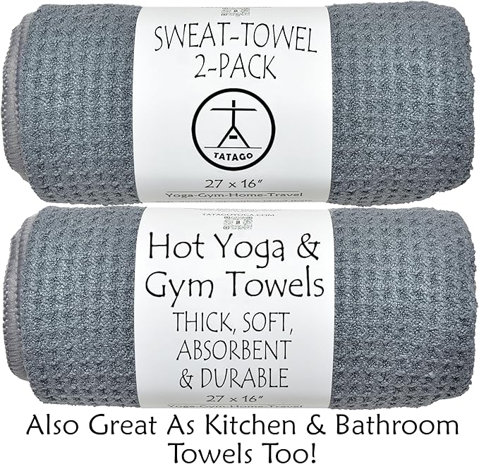 Tatago Hot Yoga Sweat & Hand Towel - Soft & Absorbent, Quick Drying Microfiber Non Slip for XL Yoga Mat or Gym - Travel Towel 2-Pack