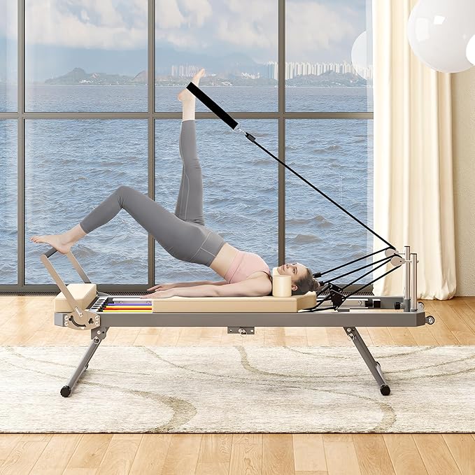 Beige Pilates Reformer, Foldable Pilates Machine for Home Gym Workout, Pilate Equipment with High Strength Alloy Springs for Beginners, Up to 330lbs