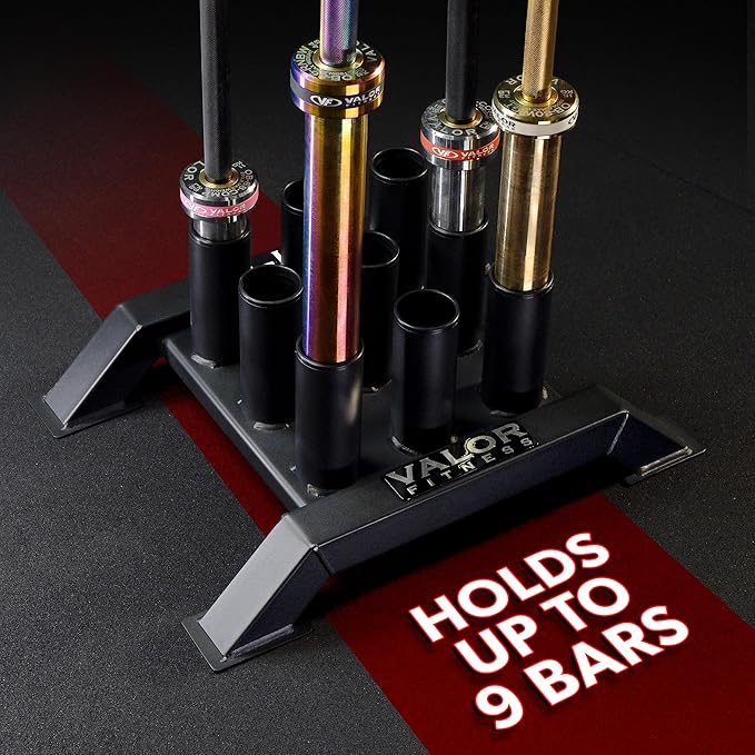 Valor Fitness Olympic Barbell Holder – Vertical 9 - Bar Storage Rack with Protective Sleeve Inserts – Space-Saving Steel Stand for Home Gym & Commercial Gyms