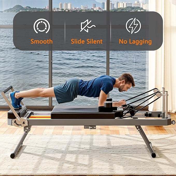 Foldable Pilates Reformer Machine with Jump Board & Dual Resistance – Adjustable Home Gym Equipment for Full-Body Workout, 400 lbs Capacity, Suitable for Beginners & Advanced Users, Black