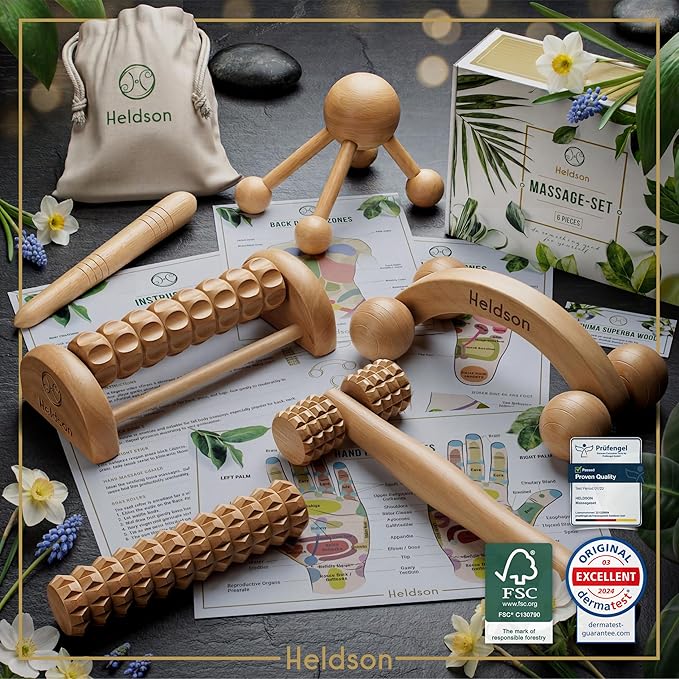 HELDSON® Wooden Therapy Massage Tools [6 Pieces] - Wood Rollers for Body Sculpting - Lymphatic Drainage Massager - Cellulite Tool - Maderoterapia Kit - Back Rolling Stick - Wellness Gifts Women, Men