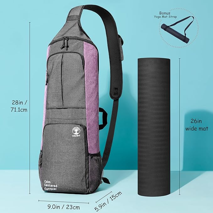 Yoga Mat Bag Carrier - Large Pockets & Water Bottle Holders. Yoga Backpack Fits 0.5" Thick x 26" Wide Mats. Hands-Free, Left-Right Switchable, Yoga, Gym, Cycling