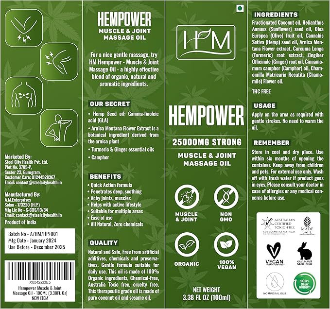 Hempower – Massage Oil for Muscle & Joint Pain – 25,000 MG | Ultra-Strength Hemp Formula | No Artificial Fragrance | Supports Active Lifestyle, Fast Acting Long Lasting | 3.38 fl oz (100 ml)