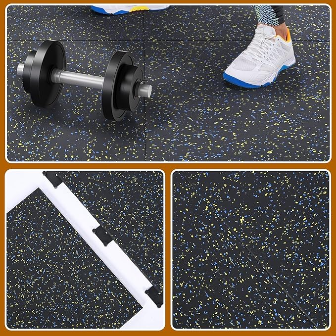 tonchean Rubber Exercise Equipment Mats 1" Thick, 4 Pack Anti-Vibration Gym Floor Tiles 20" x 20'', Non-Slip Sound Absorbing Gym Mats, Interlocking Tiles with 12 Pcs Buckles, for Fitness Equipment