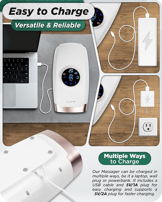 Lunix LX7 FSA LCD Touchscreen Hand Massager, Heated Air Compression, for Arthritis & Carpal Tunnel Relief, Finger Numbness & Wrist Pain Relief, Cordless Rechargeable, Lunar White