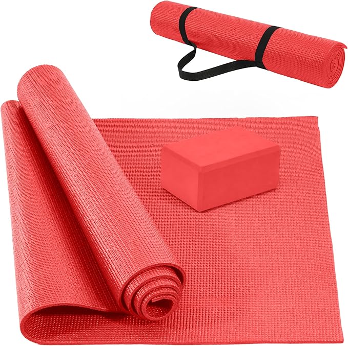 Signature Fitness All Purpose 0.25 Inch Thick High Density No Tear Exercise Yoga Mat with Strap & Lightweight Features for Indoor & Outdoor Use, Red