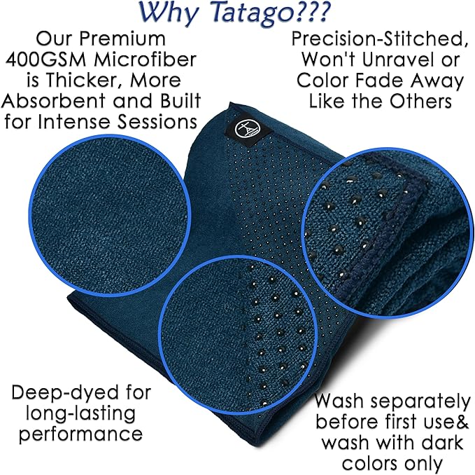 Tatago Yoga Mat Towel Non Slip for Hot Yoga. Our Hot Yoga Towel is Thicker, More Absorbent, and a Perfect Hot Pilates Mat Towel. 400GSM Microfiber Quick-Dry!
