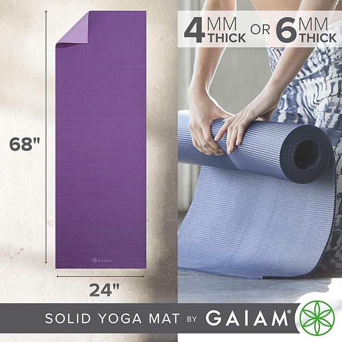 Gaiam Solid Color Yoga Mat, Non Slip Exercise & Fitness Mat for All Types of Yoga, Pilates & Floor Exercises