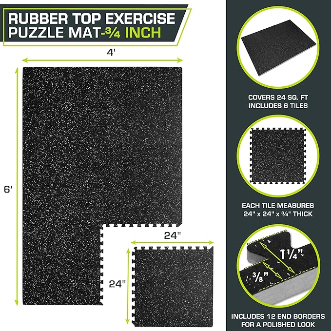 ProsourceFit Rubber Top Exercise Puzzle Mat ½-inch or ¾-inch, EVA Foam Interlocking Tiles for Home Gym Protective Flooring for Equipment and Workouts, Available in 24 SQ FT or 48 SQ FT