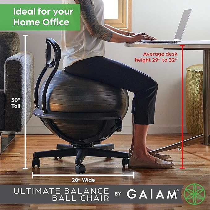 Gaiam Ultimate Balance Ball Chair with Swivel Base - Premium Exercise Stability Yoga Ball Ergonomic Chair for Home and Office Desk - Air Pump, Exercise Guide