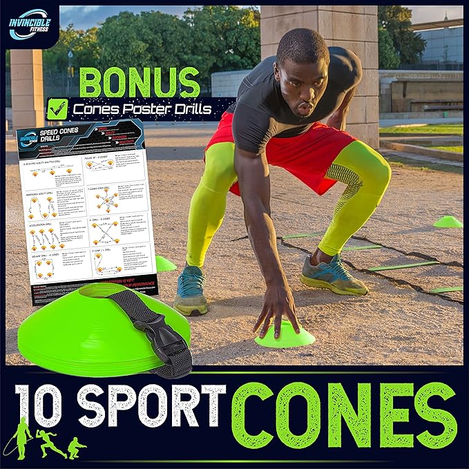 Invincible Fitness Agility Ladder Training Equipment Set Improves Coordination Speed Power and Strength Includes 10 Cones 4 Hooks and 3 Loop Resistance Bands for Outdoor Workout (Green)