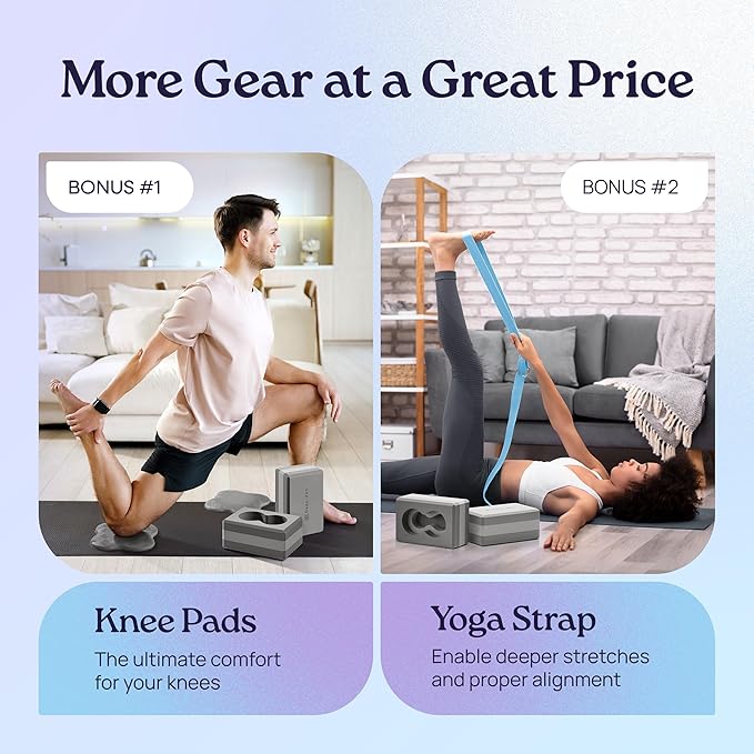 Deep-Zen® Yoga Blocks Wrist Support; Yoga Blocks 2 Pack with Knee Pads and Strap to Put Less Weight on Wrists; Durable, Versatile Yoga Brick Exercise Block Set, Blocks Yoga (Grey)