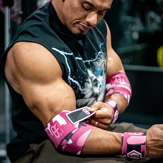 Elbow Wraps for Weightlifting - Heavy Duty Construction, 25% More Elasticity, Reinforced Stitching, Extra Wide Fastener, Easy to Adjust, (Digital Pink)