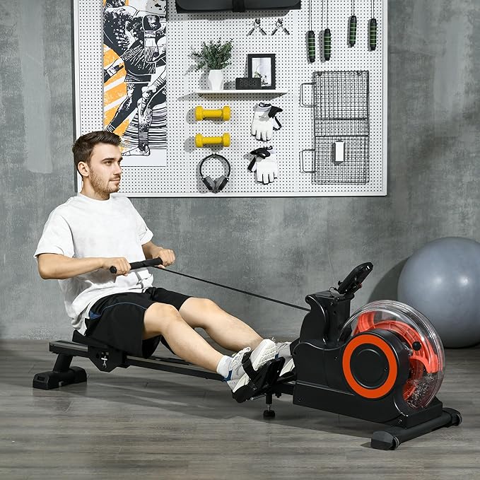 Water Rowing Machine Foldable Rower with Adjustable Water Resistance 264 LBS Capacity LCD Monitor Tablet Holder Transport Wheels for Home Cardio Workout Red