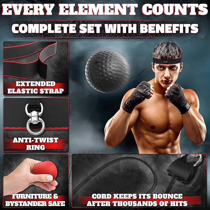 Boxing Reflex Balls Set - 4 Same Weight Color Balls, 2 Adjustable Headbands for Reaction Time Training, Hand-Eye Coordination, Hand Speed and Focus | Beginner to Advanced Drills, Boxing Training Kit