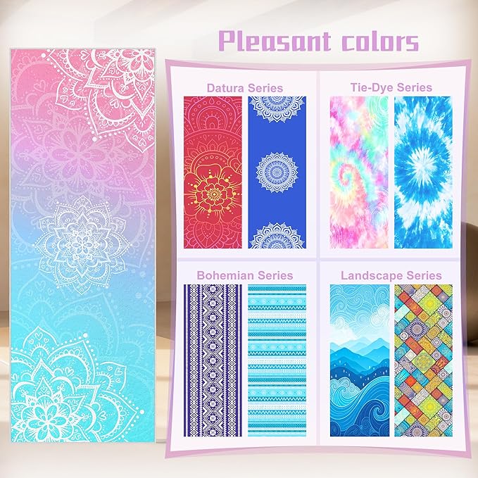 Yoga Towel,Absorbent Yoga Mat Towel for Hot Yoga Non Slip,Stylish Prints,Ideal for Workouts,Hot Yoga,Bikram,Pilates Equipment,72 x 27 in,Gradient Mandala