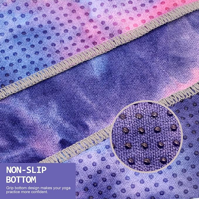 Eunzel 2 Pack Yoga Towel,Hot Yoga Mat Towel with Grip Dots Sweat Absorbent Non-Slip for Hot Yoga, Pilates and Workout 24" x72，Purple & Blue/Green & Purple (2 Pack)