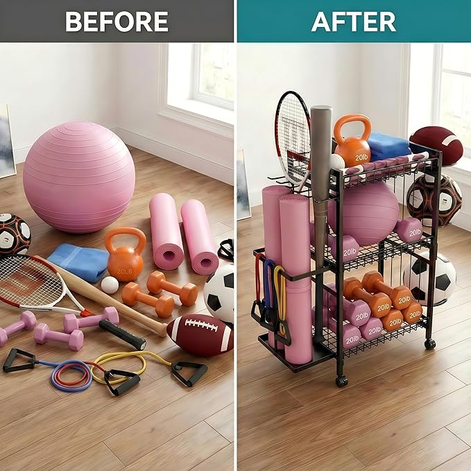 Home Gym Storage Rack, 3-Tier Dumbbell Rack with Ball Holder & Side Basket, Heavy Duty Vertical Workout Equipment Organizer for Yoga Mats, Lockable Wheels
