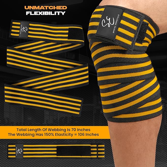 Special Essentials Knee Wraps for Weightlifting with Strap (2 Pack) - 72 Inches Flexible Support for Men & Women, for Powerlifting, Squats, Leg Press, and Cross Training