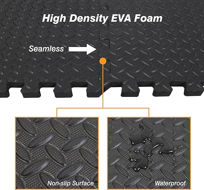 Mat Block APM36001BK Torin Interlocking Foam Exercise Floor Mats: 144 SQ FT, 1/2 inch, 36 Tiles, EVA Gym Mat Flooring, Exercise Equipment Mat for Home Gym Equipment, Black