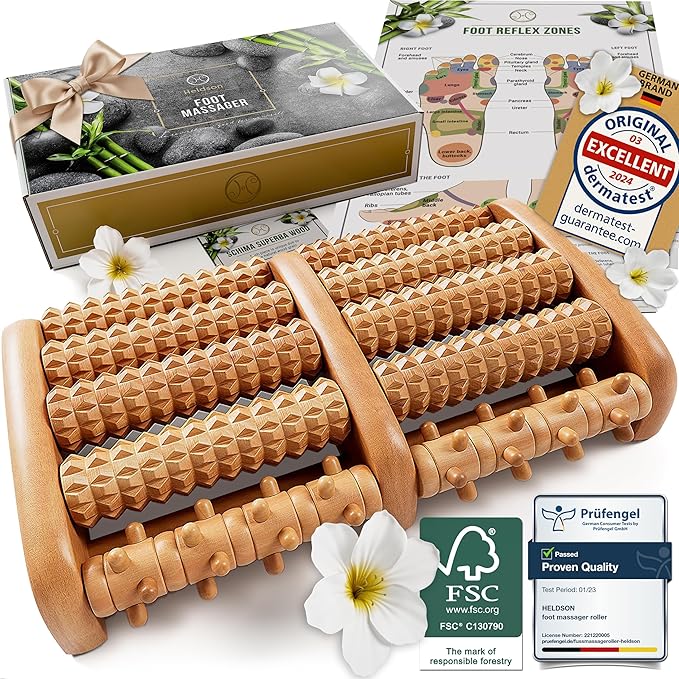 HELDSON® Foot Massager Roller Plantar Fasciitis Pain Relief - Wooden Under Desk Feet Massage - Dual Manual Heel Massagers - Wood Rolling Acupressure Tool with Reflexology Guide - Gift for Men, Women
