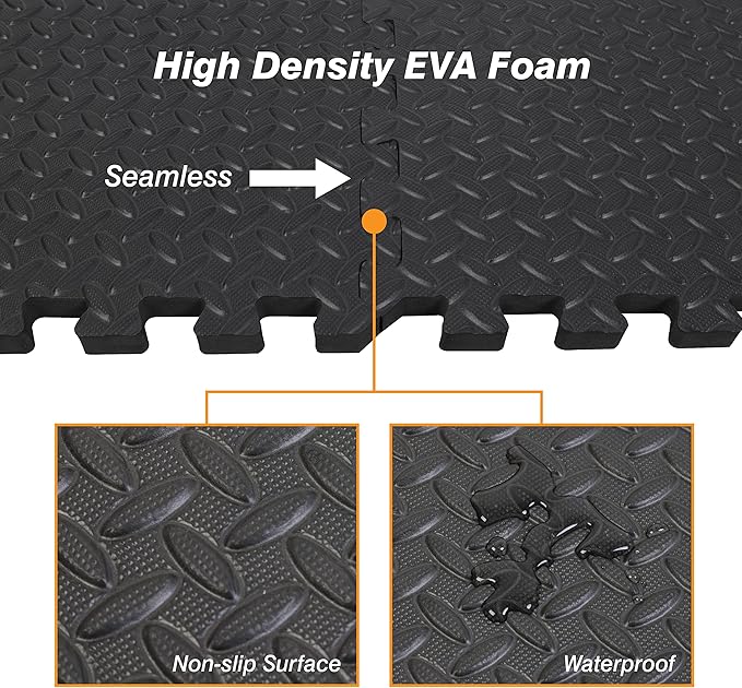 Mat Block Interlocking Foam Tiles Puzzle Mats for Floor 24 SQ FT, 1/2 inch, 6 Tiles, EVA Gym Mat Flooring Exercise Equipment Mat for Home Gym Equipment, Black, 6pcs
