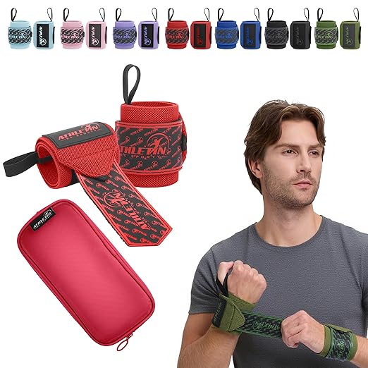 Professional Wrist Wraps, Heavy-Duty Support with Thumb Loop 18 Inch Pair for Powerlifting, Bodybuilding, Cross Training - Mesh carry pouch included (Red)
