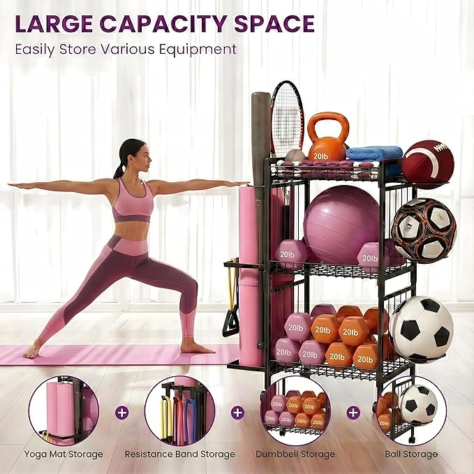 Home Gym Storage Rack, 3-Tier Dumbbell Rack with Ball Holder & Side Basket, Heavy Duty Vertical Workout Equipment Organizer for Yoga Mats, Lockable Wheels