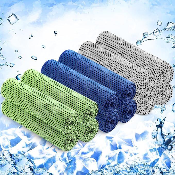 Hosuly 12 Pieces Cooling Towels for Hot Weather Soft Breathable Cold Towel Yoga Towels for Sweat, Sports, Workout, Fitness, Gym, Running, Travel Camping, 12 x 40 Inch (Dark Blue, Light Gray, Green)