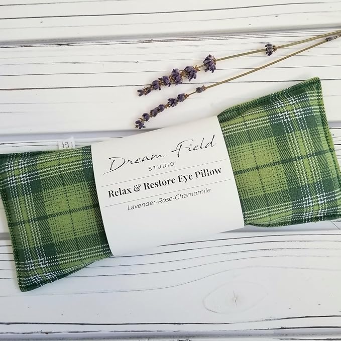 Organic Lavender Eye Pillow – Handcrafted Aromatherapy Pillow for Yoga, Meditation & Relaxation – Cotton, Flax Seed Filling, Warm or Cool Comfort | Green Plaid Print